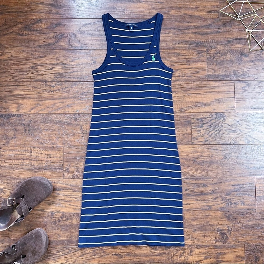Ralph Lauren • navy striped tank dress ribbed knit Pima cotton sleeveless mini